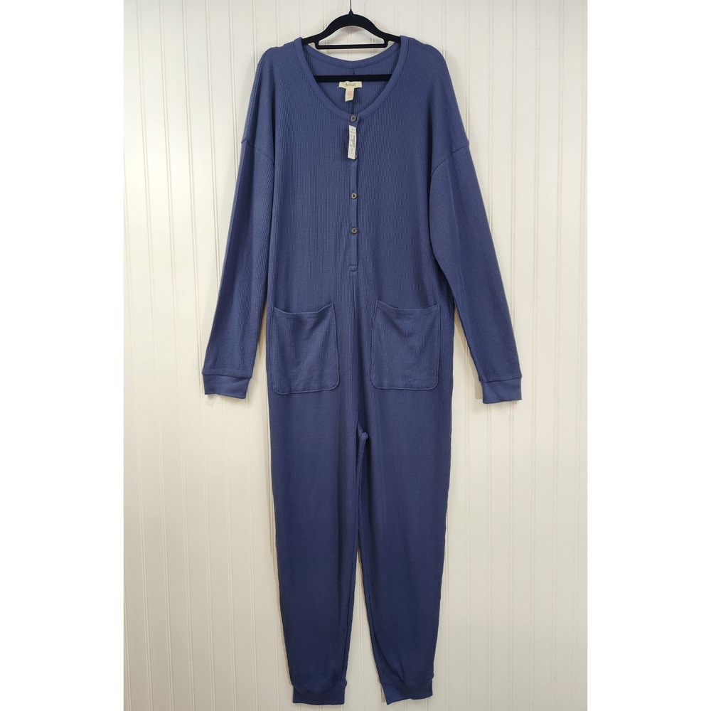 NEW Madewell Waffle Knit Union Suit Henley Pajama Jumpsuit Blue Large Sleep